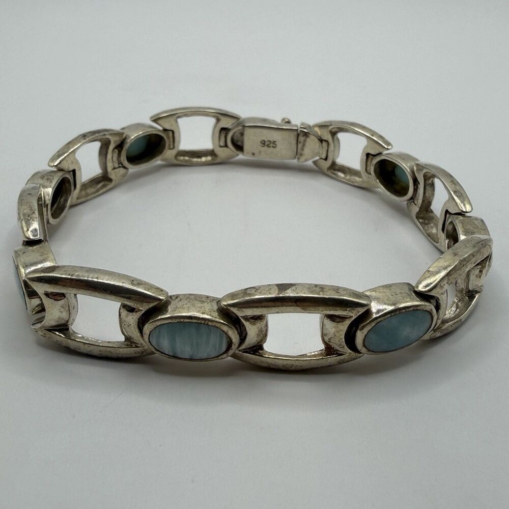 Vintage 925 Sterling Silver Blue Cabochon Link Bracelet 7.5" 23.2g